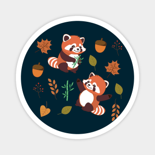 Cute Red Panda Bears Bamboo Autumn Leaves Magnet